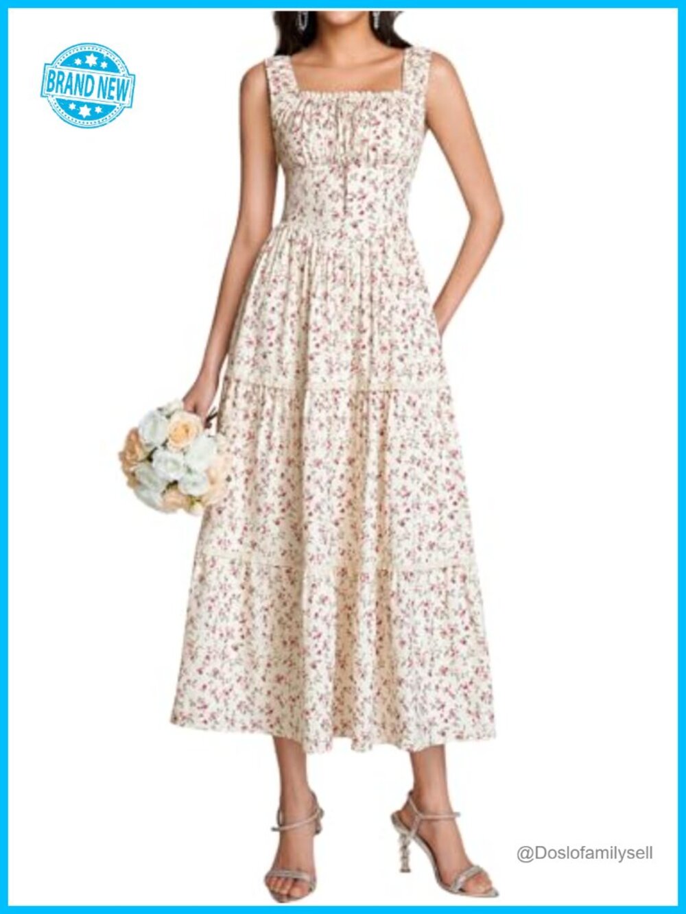 Floral Midi Dress Corset Smocked Square Neck Tiered Flowy Sundress